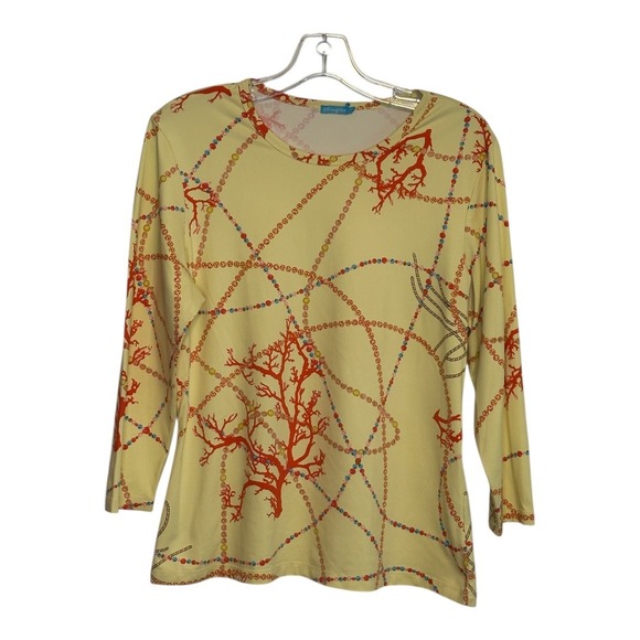 J. McLaughlin Tops - J. McLaughlin Yellow w/ Coral Print Top Nautical Chain Long Sleeve Blouse Size L